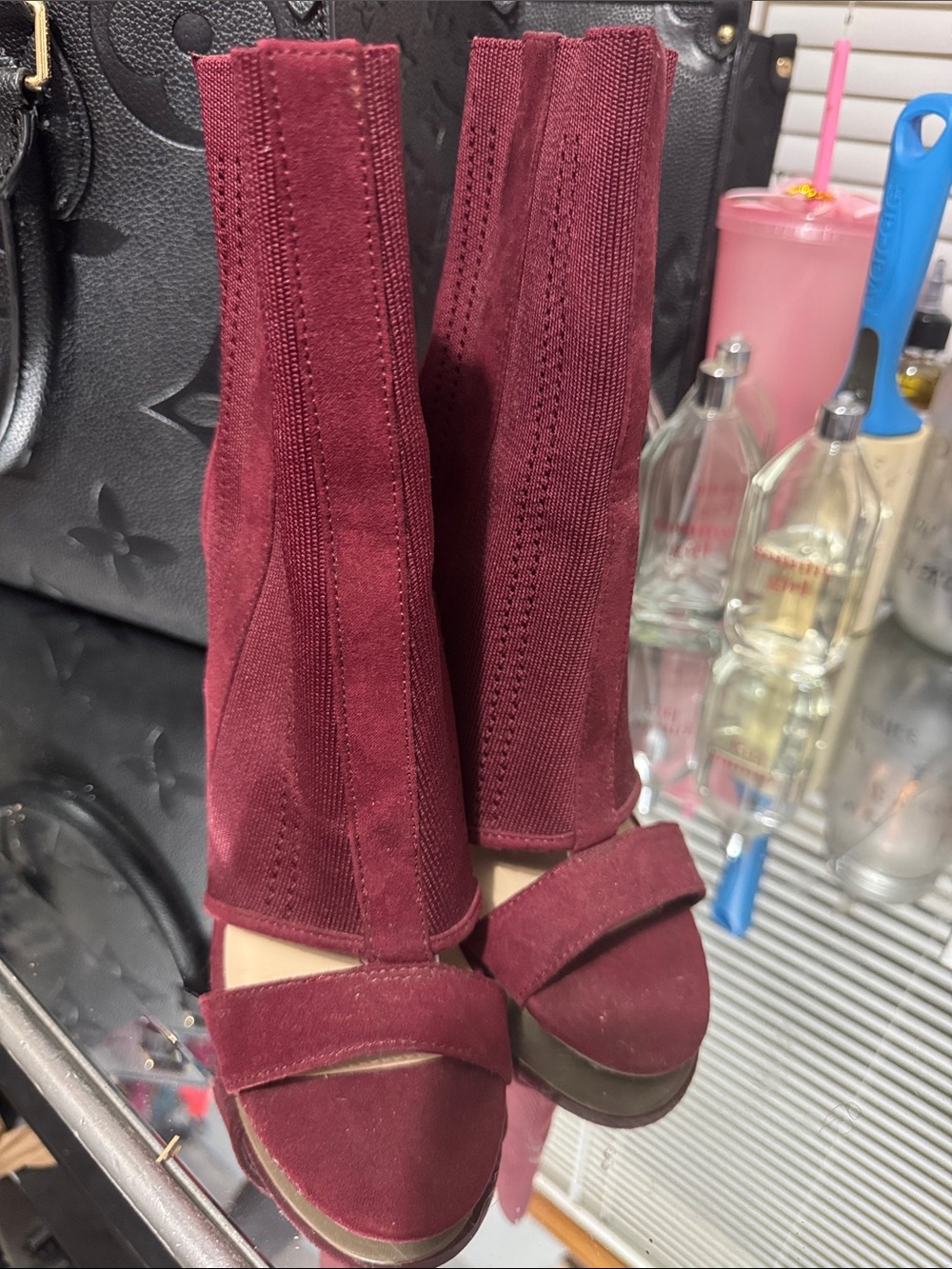 Women’s Burgundy Suede Mid-Calf Sandal Boots